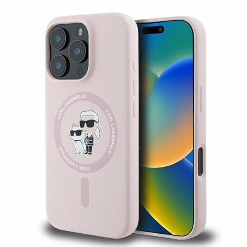 CG Mobile Karl Lagerfeld KLHMP16XSCMKCRHP Hülle für iPhone 16 Pro Max 6.9 Rosa hardcase Silicone Karl&Choupette Heads Ring