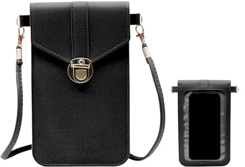 AfitLulu Handytasche zum Umhängen Damen Touchscreen Kleine Umhängetasche Damen PU-Leder Handy Umhängetasche mit Transparentes Fenster und Abnehmbarer Schultergurt für Handy (Schwarz)