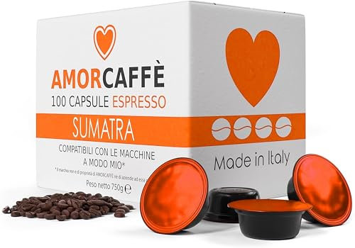 AMORCAFFÈ 100% Arabica 100 Coffee Capsules Compatible with Lavazza A Modo Mio, Dark Roast, Sumatra
