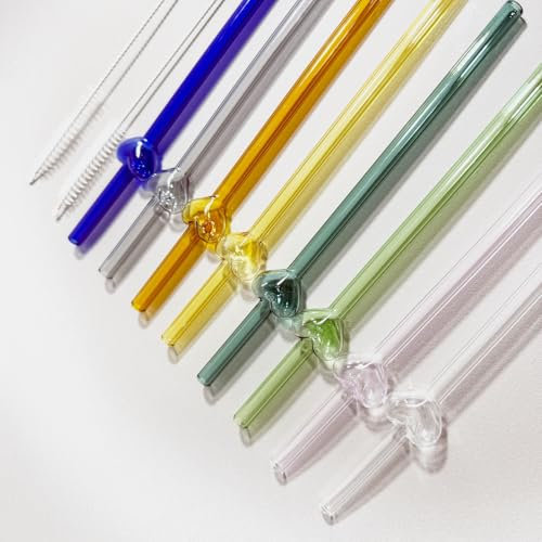 YUTRENN Glass Straws Set - 8 Colorful Reusable Glass Straws with Hollow Heart Charms & 2 Cleaning Brushes - Heat Resistant - Eco-friendly - 8 Count