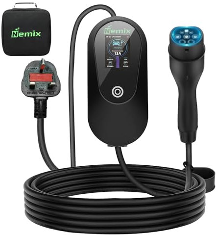 Nemix 3.0KW Home EV Charger, 5 Metres Cable with Type 2 to 3 Pin Plug, Portable Electric Car Charger for EVs and PHEVs