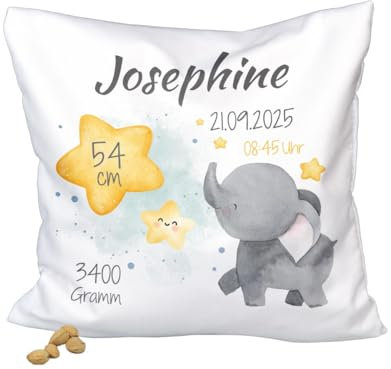 ORWO Kinder-Kirschkernkissen personalisiert mit Namen und Geburtsdaten | 20 x 20 cm | Kinderwärmekissen mit Motiv | weiches Baumwollgewebe | hautfreundlich (Elefant)