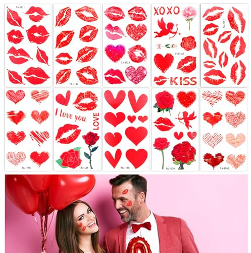 Ptwola 10 Sheets Valentines Day Temporary Sticker Waterproof Red Lip Prints Kiss Face Body Decorations Stickers Rose Angel Arrow Line Hearts Stickers for Women Valentines Decoration