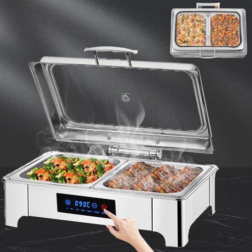 Aocay Chafing Dish Elektrisch, 9L Edelstahl Speisewärmer Buffetwärmer Elektrisch mit Sichtbarem Glasdeckel, Rechteckiger Warmhaltebehälter Essen Elektrisch Einstellbare Temperatur 35-90℃(B,1/2 Pan)
