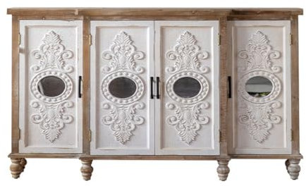 Buffet rustique en bois massif avec détails sculptés vintage pour salon, entrée ou meuble TV