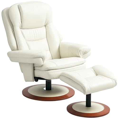 HOMCOM Relaxsessel mit Hocker Fernsehsessel mit Liegefunktion, Drehbarer TV-Sessel mit Holzsockel, Liegesessel bis 150 kg belastbar für Wohnzimmer, Kunstleder, Cremeweiß