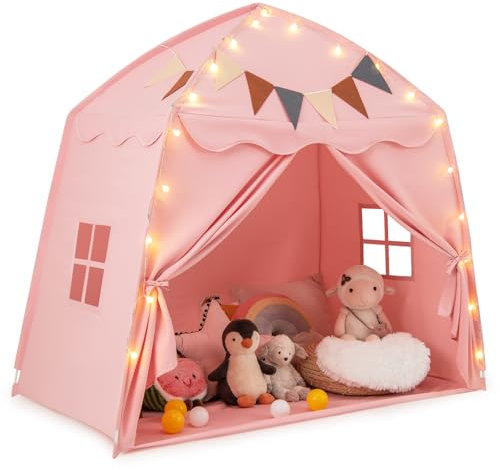 COSTWAY Tente de Jeux Enfant avec Guirlandes Lumineuses & Drapeaux, Cabane Enfant Interieure avec Fenêtres & Tissu Lavable, Style Princesse pour 3 Enfants de 3-12 Ans, 157x98x148cm (Rose)