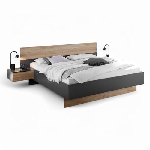 Stella Trading ASKA Stilvolle Doppelbett Bettanlage mit Nachtkommoden 180 x 200 cm - Schlafzimmer Komplett-Set in Graphit, Mauvella Eiche Optik - 285 x 95 x 205 cm (B/H/T)