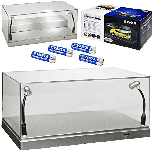 Acryl Vitrine mit LED Beleuchtung mit Silber Sockel für Modellauto inklusive Batterien 1/43 1/64 1/72 1/87 1/32 1/24 Modellcarsonline Modell Auto mit individi..
