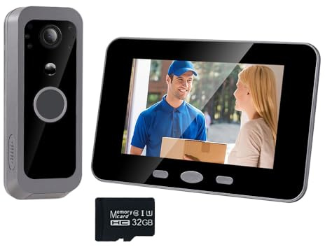 iTenen Vdeo 300VK Kabellose Türsprechanlage mit 4-Zoll-Bildschirm, 1080P mit 32 GB Speicherkarte, Bewegungserkennung, bidirektionales Audio, wasserdicht, ohne App, ohne WiFi