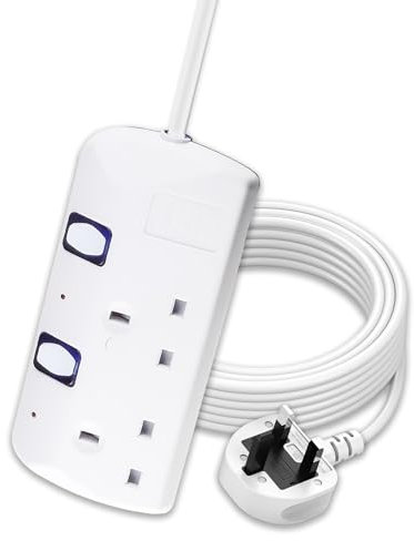Extension Lead with Individual Switches 3 Metre Heavy Duty Extension Cord, 13A Fused UK Plug, Wall Mountable Power Stripp, 2 Way Plug Sockets