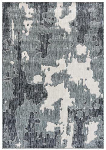 Mazovia Groß Outdoor-Teppich Balkon 250x350cm Anthrazit Marineblau Abstrakt | Balkon Teppich für Terrasse Garten Wetterfest Kurzflor Pflegeleicht UV-Beständig Tierfreundlich Robust Wasserabweisend Modern