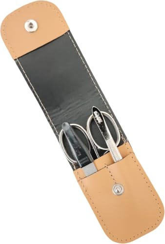 3-teiliges Solingen Maniküre Set mit Leder Etui, Nagelschere, Feile, Pinzette, Made in Germany (Beige)