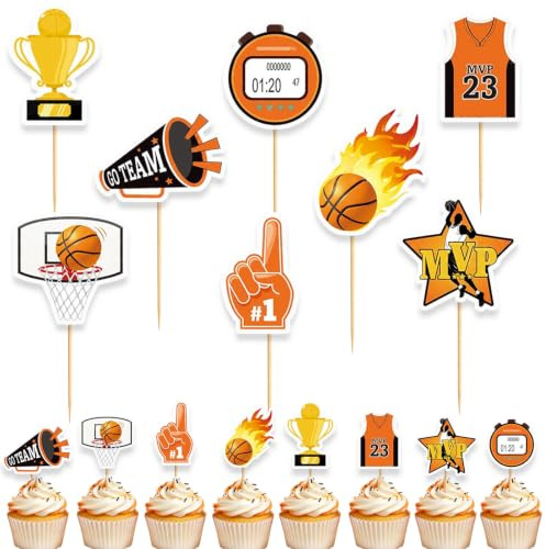 Silars Tortendeko Basketball Geburtstag, 24 Stück Kuchen Topper Basketball Tortenaufleger Basketball, Cake Topper für Junge Kuchendeko Geburtstag Sport Thema Party Kuchen Dekorationen