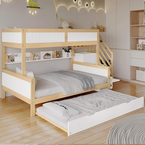 MQGPM Litera de 90 x 200 y 120 x 200 cm, cama nido y armario, cama infantil con escalera de almacenamiento y protección anticaídas, marco de cama con somier, color blanco y madera
