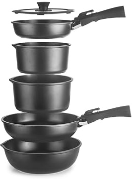 IBILI Kompakto-Set, 9-teilig, Bratpfanne 20-26 cm, tiefe Pfanne 26 cm, Stielkasserolle 18-20 cm, Deckel 20-26 cm, 2 abnehmbare Griffe, PFAS-frei, Aluminiumguss, stapelbar, leicht zu lagern