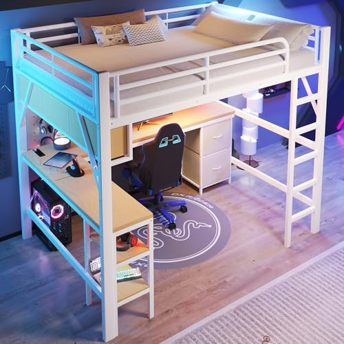 BTM Jugendbett 140x200cm Großes Metall Hochbett mit Schreibtisch, Bücherregal, Schrank, LED-Beleuchtung, Einzelbett mit Stauraum, Weiß