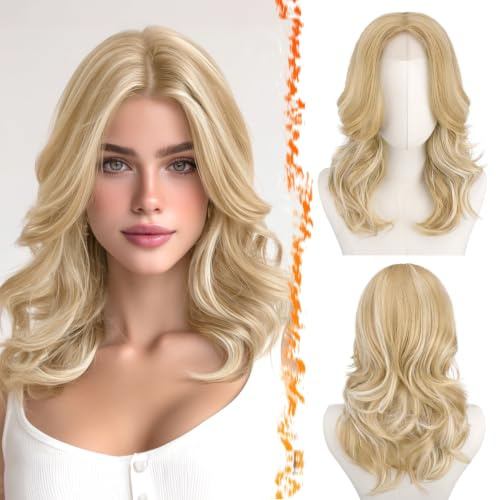BARSDAR Kurze Gewellte Blond Highlight Perücke, Schulter Lange Blond Perücken für Frauen Kurze Lockere Wellen Layered Perücke mit Curtain Pony Weiche Synthetik Natürlich Aussehend Perücken