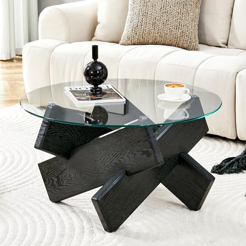 HaoChrymec Table Basse Ronde en MDF + Verre, Design Moderne avec Pieds en Bois Noir, Surface en Verre Trempé De 0,8cm, pour Salon, Salle De Détente, 79cm De Diamètre, Noir, Transparent