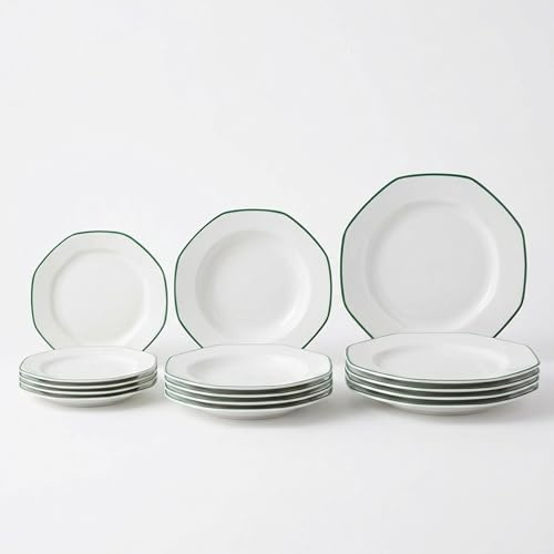 SANTA CLARA | Vajilla Completa 12 Piezas Porcelana Extra Blanca para 4 Personas, Apta Microondas y Lavavajillas, Vajilla Alma Verde Decorada Forma Octogonal para Hogar y Cocina