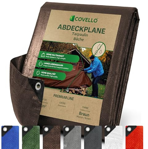 Covello Abdeckplane 4x6m, 140g/m² Plane Wasserdicht Gewebeplane Braun | Plane mit Ösen, Schutzplane, Reißfeste und UV-stabilisiert, Universal Tarpaulin Ideal für Gartenmöbel, Pool, Auto, Holz, Boot
