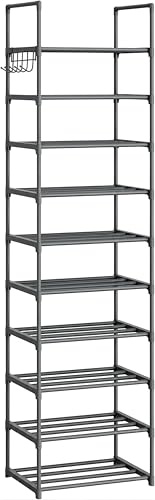 Zapatero Vertical con Ganchos, Estante para Zapatos de Gran Capacidad, Diseño Estrecho y Alto, Organizador Multifuncional para Dormitorio o Vestidor, Fácil Montaje, Color Gris (10 Niveles Gris)