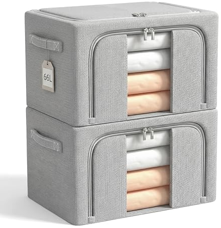 Kakating Clothes Storage Bins with Metal Frame 66L Large Foldable Storage Box, Stackable Closet Organizers with Lid, Heavy Duty for Clothes Blankets Toys, 2-Pack