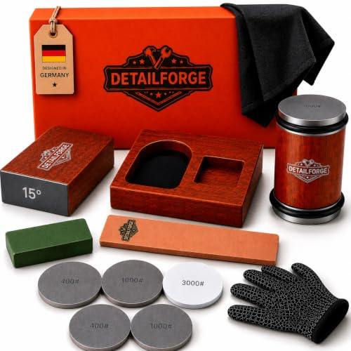 Detailforge Lot de 12 aiguiseurs de couteaux premium 2026 en bois de hêtre et 5 disques de ponçage avec bande en cuir, gant, boîte cadeau et support
