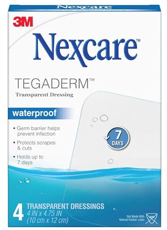 Nexcare Tegaderm Waterproof Transparent Dressing, Comfortable, Stretchy, Wear Up to 7 Days, 4-Inches X 4-3/4-Inches, 4 Count