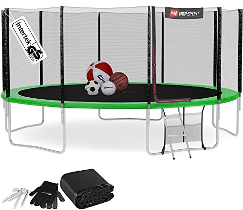 Hop-Sport Trampolin Outdoor Ø 490 cm – Gartentrampolin Komplettset mit stabilen U-Beinen, außenliegendem Netz, Sprungtuch und Leiter sowie Extra-Zubehör, grün
