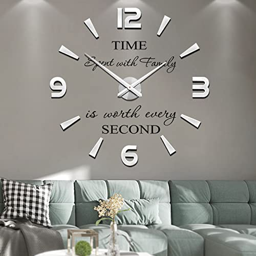 Mintime Rahmenlose 3D DIY Wanduhr XXL Stumm Spiegel Aufkleber Home Office Schule Dekoration (Silber)