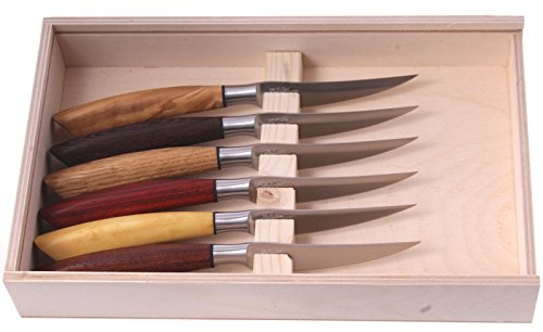 Saladini Steakmesser-Set 6-Teilig - gemischte Hölzer - Eiche,Wenge,Eibe,Padouk,Olive,Buchsbaum