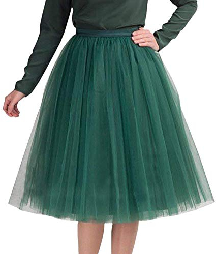 Minetom Damen Mädchen Tüllrock Hochwertiger Gefalteter Gaze-Knie-Längenrock Erwachsener Tutu-Tanzenrock Unterrock Party Abend Formelle Rock Dunkelgrün XL (74-130cm)