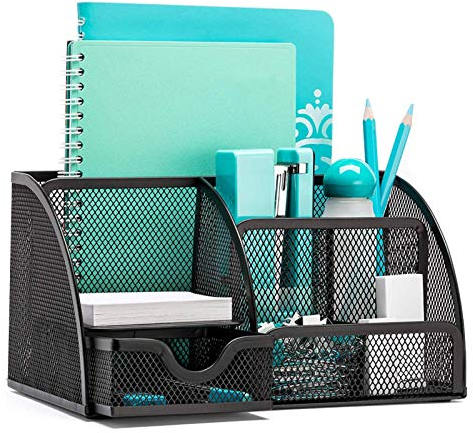 OKPOW Mesh Desk Organizer Desk Tidy Pen Holder 6 Components Office Supply Pen File Holder Home Office Storage Compartment (Upgrade Black)