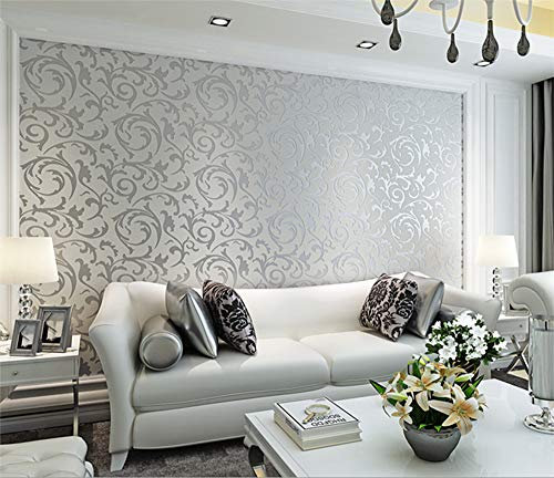 YangYun Home Decoration Moderne Minimaliste 3D Stéréo TV Fond Salon Chambre à Coucher Européen Non Tissé Feuille Damassé Papier Peint Non Collé Gris Argent Couleur 4,5 m l x 32,8 ' L
