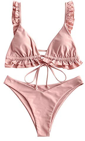 ZAFUL Damen Gepolsterte Bikini Set, Dreieck Cup Rüschen Krawatte High Cut Bikini Badeanzug (A-Rosa,M)