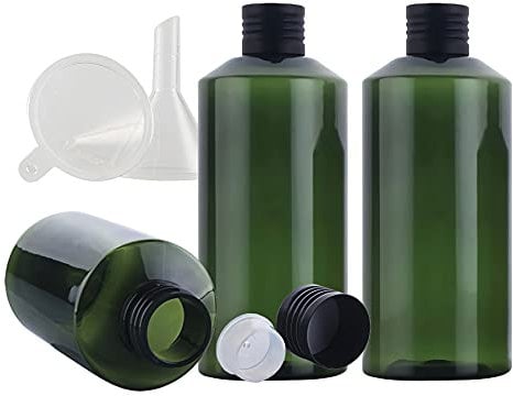 TIANZD Pack of 3 - Empty 200ml Green Plastic Bottles with Black Aluminium Screw on Lids and Orifice Reducers Refillable Containers for Cosmetic Alcohol Makeup Remover Essential Oil with Funnel
