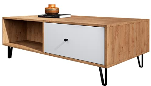 Newroom Couchtisch Wildeiche Weiß Matt Wohnzimmertisch Skandi Modern - 110x37x60 cm (BxHxT) - Sofatisch Ablagetisch Tisch - [Loya.Seven] Wohnzimmer Gästezimmer Büro