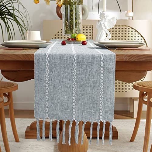 Wracra Bauernhaus Staubig Blau Tischläufer Vintage Baumwoll Leinen Tischläufer Rustikale 275cm mit Handquasten für Partys, Esszimmer-Dekorationen, Dessert-Tischdekoration(Staubig Blau, 275cm)