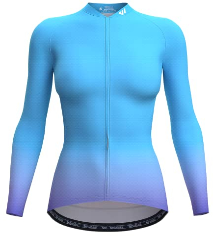 Wulibike Radtrikot Damen Langarm,Fahrradtrikot Damen Rennrad Trikot Fahrrad Shirt Reflektierende Schnell Trocknend Atmungsaktiv Top Mit RüCkentaschen Blau L