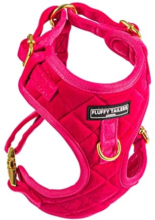 Fluffy Tailers Pretty in Pink Velvet No Pull Adjustable Dog Harness with Breathable Chest Strap for Small, Medium & Teacup Sized Dogs - Comfortable, Stylish & Safe