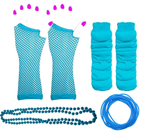 Lizzy Neon Colour Leg Warmers + Fishnet Gloves + Gummy Bracelet + Beads Necklace Set Rainbow Florescent Stripe | 80s Neon Teen Fancy Dress Dance ware Hen Party Tutu Accessory (Light Blue)