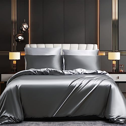 Luofanfei Bettwäsche Satin 155x220 Grau Hellgrau Glanzsatin Seide Glatt Kühlende Bettwäscheset Uni Seiden Glänzend Luxus Muster Sommer Bettbezug 155 220 und Kissenbezüge 80x80 cm mit Reissverschluss