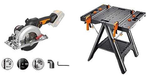 WORX NITRO WX531.9 Akku Kreissäge 20V – Leistungsstarke Bürstenlose Kreissäge & PEGASUS WX051 Multifunktions-Arbeitstisch mobile Werkbank, Schwarz, aus Holz