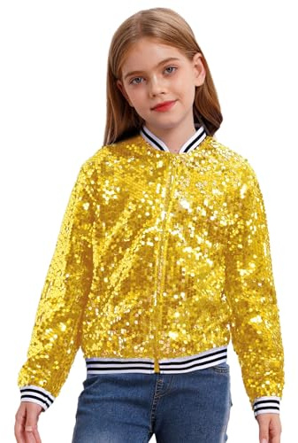 inhzoy Unisex Kinder Glänzende Pailletten Jacke Langarm Glitzer Bomberjacke Mit Reißverschluss Sport Freizeitjacke Streetdance Hip Hop Jacke