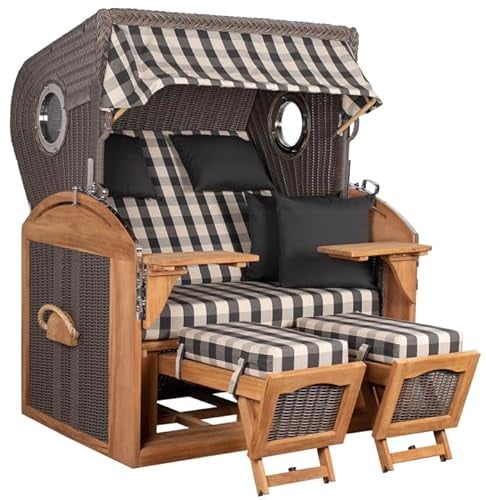 MR. DEKO Strandkorb Schillig Teak, Volllieger Strandstuhl Liegestuhl, PE Geflecht Grey, Teakholz, Bullauge, inkl. 4 Kissen, Wechselpolster Strandkörbe für Garten, Terrassen (Dessin 505)