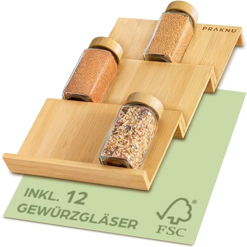 Praknu Gewürzregal mit Gläsern - Gewürzregal aus FSC® Holz - 12er-Set Gewürzgläser eckig mit Bambusdeckel - Inkl. Streueinsatz & Etiketten - Küchen Organizer Aufbewahrung