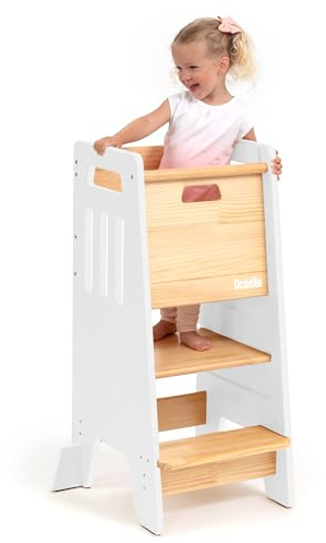 OCODILE Toddler Tower with a Sliding Door and 3 Adjustable Heights - Safe Toddler Kitchen Stool Helper with Support Feet - Updated Design for 18+ Months to 6-Year-Old Kids - White