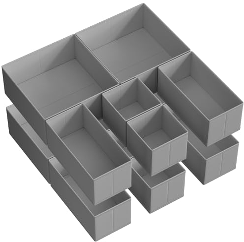 SONGMICS Aufbewahrungsbox für Schublade, 12er Set, Schubladen Organizer, Faltbox, Unterwäsche Organizer, Stoffbox für Socken, Unterwäsche, BHs, Krawatten und Schals, taubengrau RDZ006G02