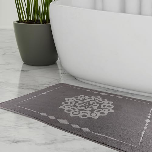 ELEVAVIDA Design Badvorleger grau groß 70x120 cm aus 100% Baumwolle 1000 g/m2 - Badematte mit Mandala - weich, saugfähig, maschinenwaschbar schnelltrocknend - graue Badematte groß - Duschmatte
